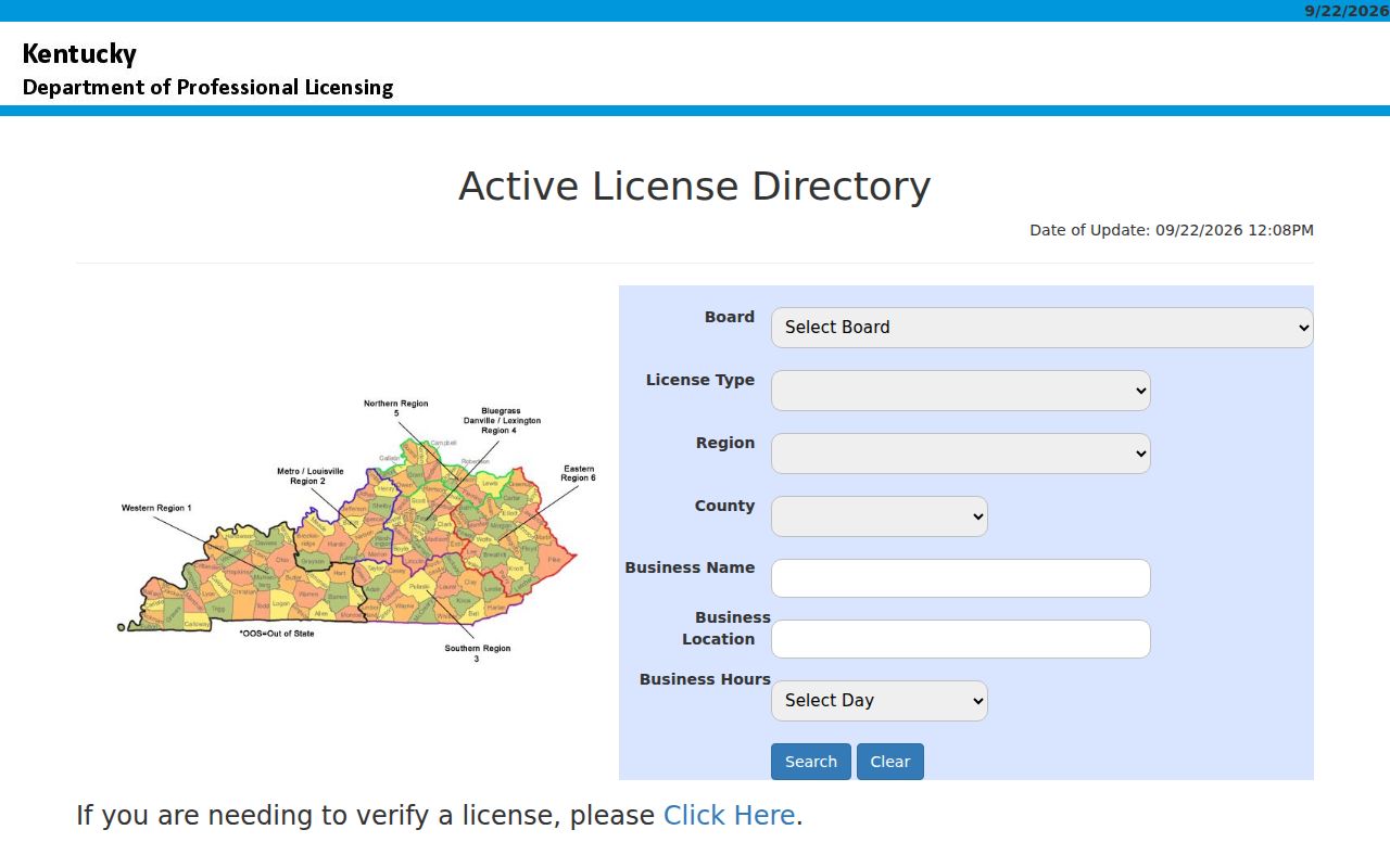 Kentucky resident lookup reference: Department of Professional Licensing filters for board, license type, region, and county
