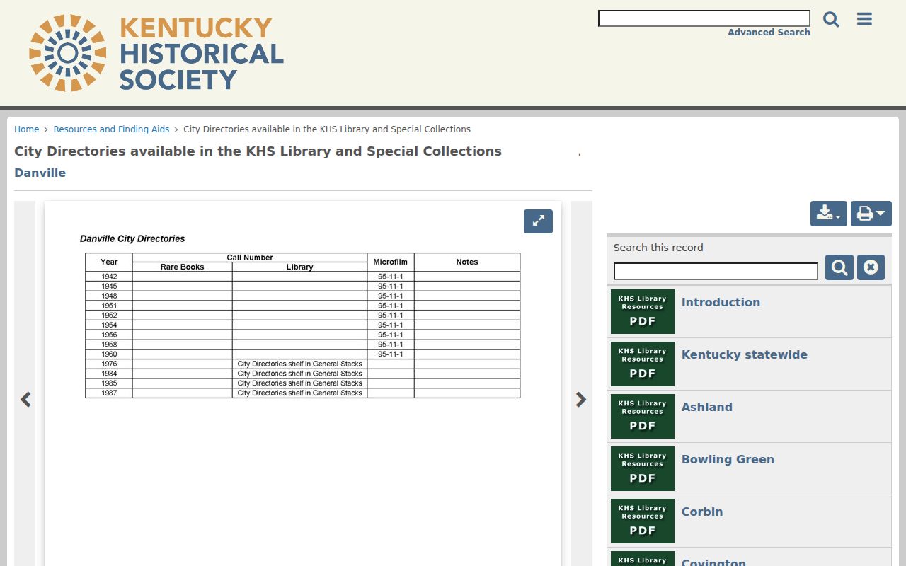 Kentucky city directory holdings in the Kentucky Historical Society digital collection