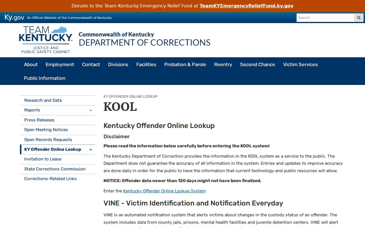 Kentucky residents directory reference to the KOOL and VINE custody search information