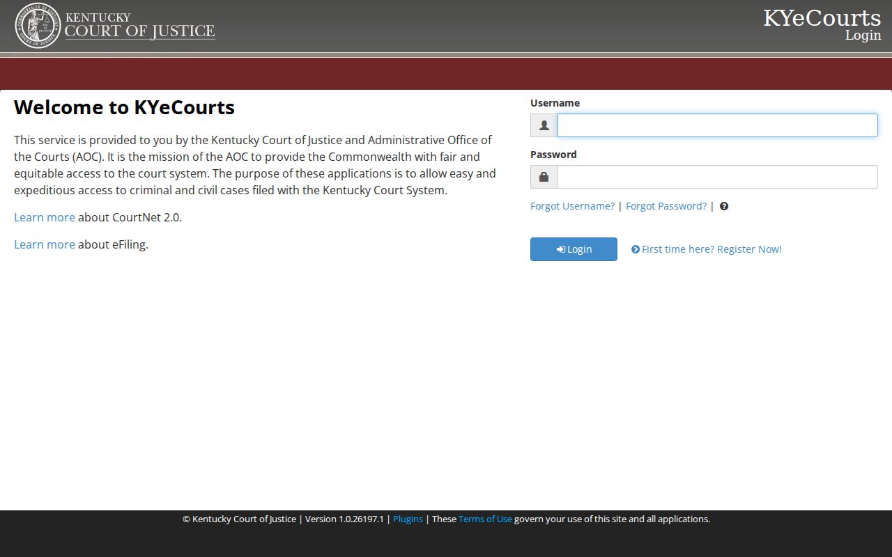 Kentucky resident lookup reference: CourtNet 3 login and role-access screen for court case searches