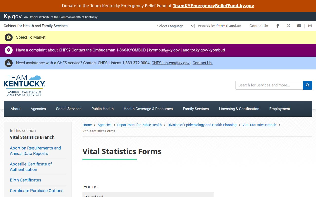 Kentucky resident lookup reference: Office of Vital Statistics forms directory for vital record applications